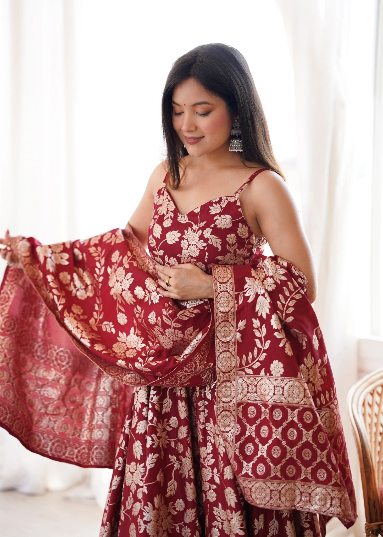 Maroon Banarasi Jacquard suit with sweetheart neckline and matching dupatta